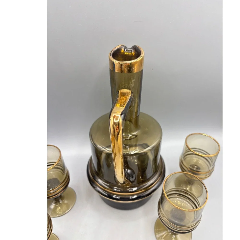 Vintage MCM Smoky Brown Glass Decanter Set Gold Rimmed 6 Cordial Glasses Barware